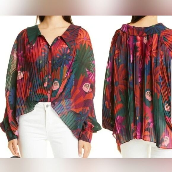 Farm Rio Womens Toucan Tropical Chic Feminine Retro Boho Pleated Top Size Small - Picture 1 of 11